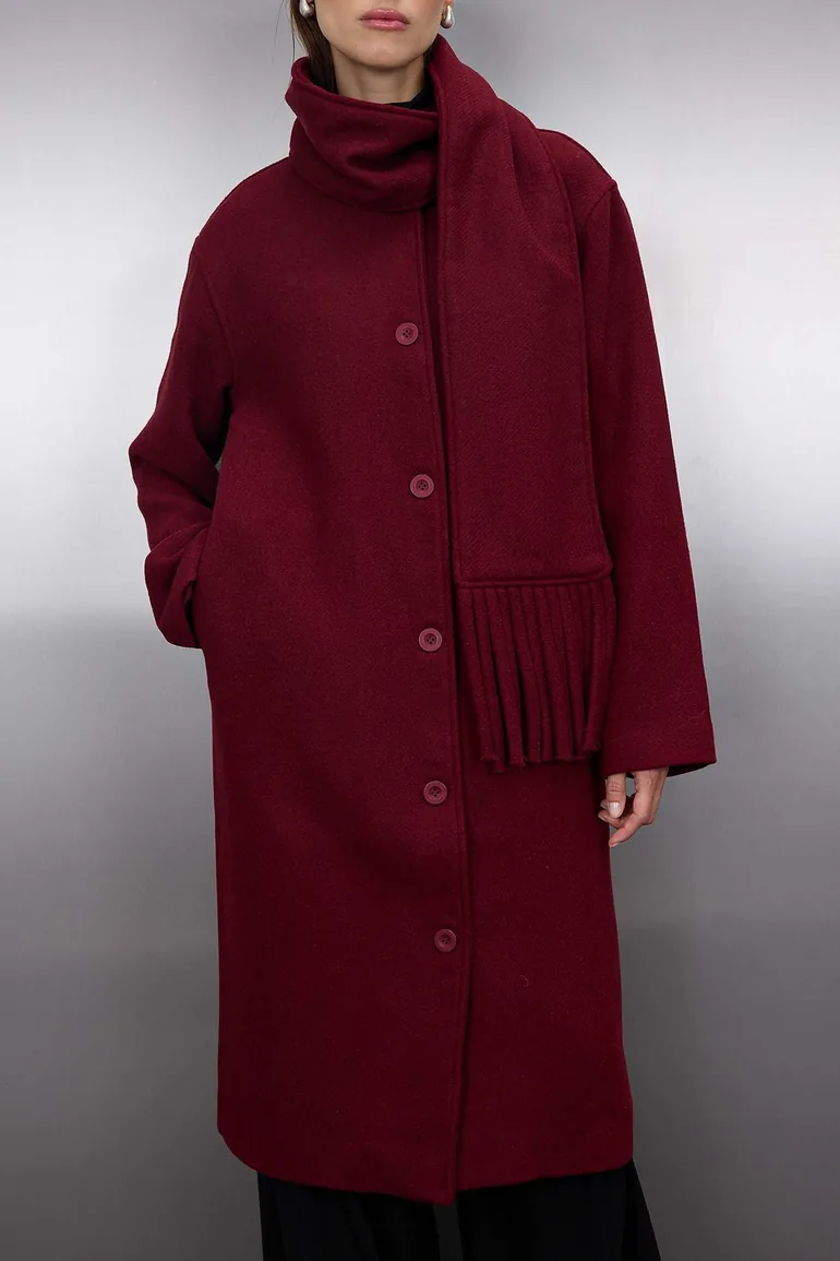 Burgundy Shawl Detailed Mono Closure Oversize Long Cashmere Coat - 3