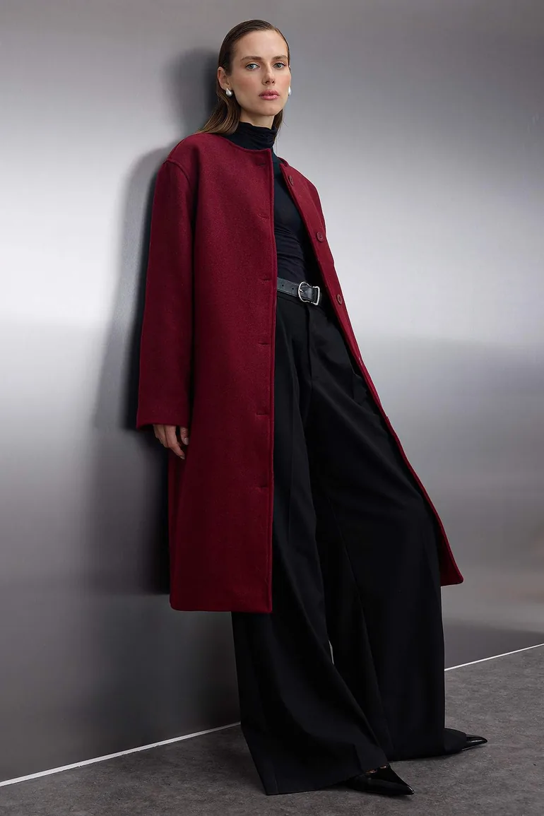 Burgundy Shawl Detailed Mono Closure Oversize Long Cashmere Coat - 2