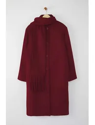 Burgundy Shawl Detailed Mono Closure Oversize Long Cashmere Coat - 5