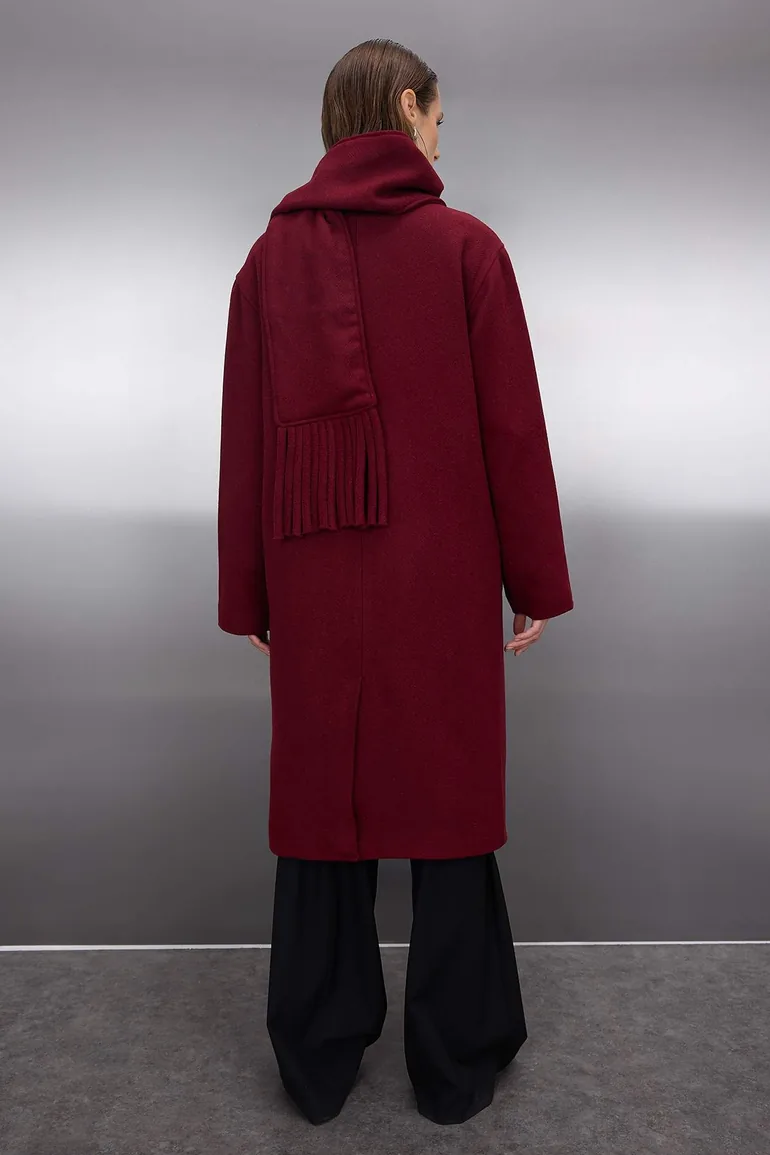 Burgundy Shawl Detailed Mono Closure Oversize Long Cashmere Coat - 4