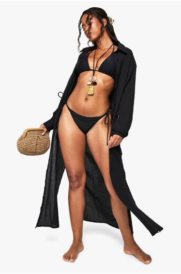 Crinkle Cotton Maxi Beach Shirt - black