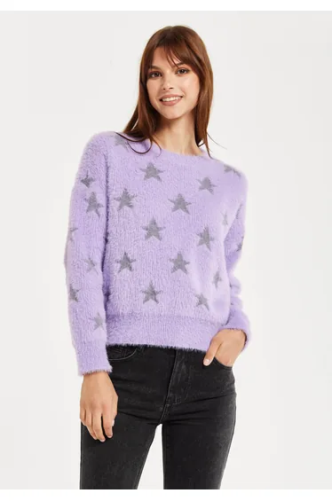 Women’s Jumper in Lilac with Fluffy Grey Star Pattern