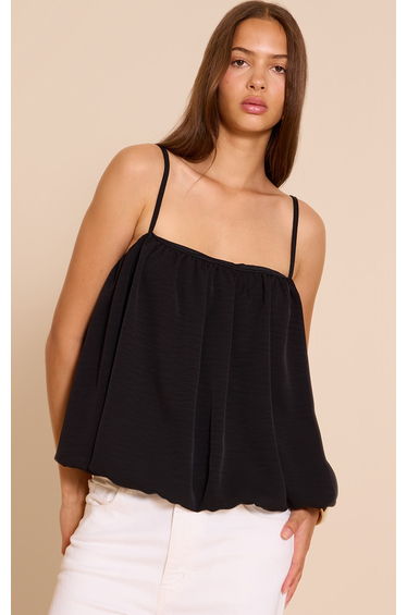 Black Chiffon Strappy Puff Ball Crop Top