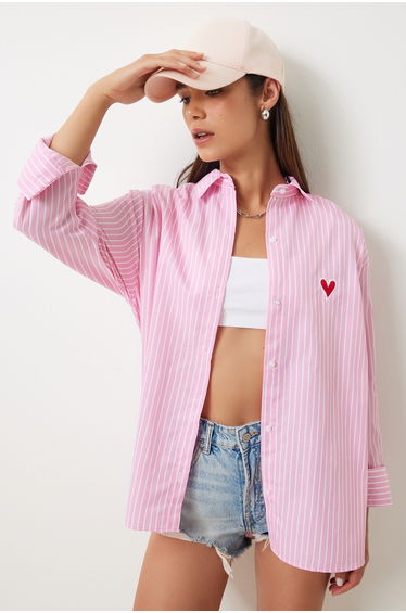 Women's Pink White Heart Embroidered Striped Oversize Poplin Shirt