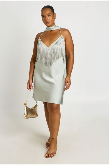 Plus V plunge Tassel With Scarf Detail Mini Dress - sage