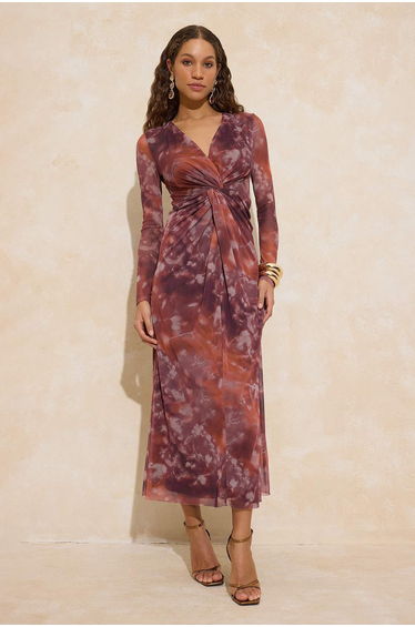 Multi-Colored Abstract Floral Pattern Lined Tulle Maxi Dress