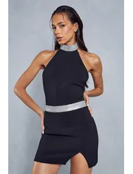 Diamante Trim High Neck Open Back Bodysuit - 1