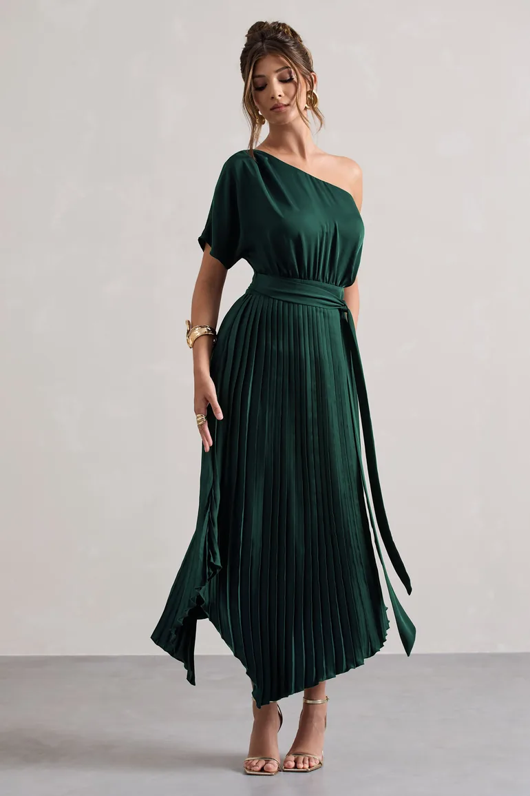 Shop India | Bottle Green Satin Asymmetric Plisse Maxi Dress Online in Oman