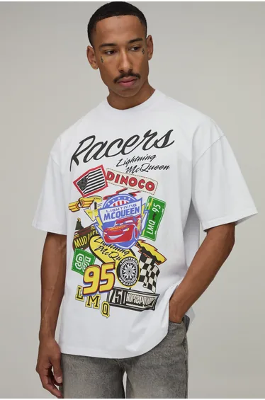 Oversized Lightening McQueen Badges License Print T-Shirt - white