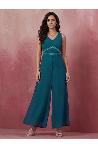 Teal Embroidered Detail Georgette Festive Jumpsuit