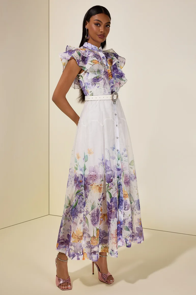 Floral Ruffle Midi Dress With Belt - 4