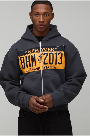 Oversized Shrunken Washed Licence Plate Graphic Zip Through Hoodie - charcoal
