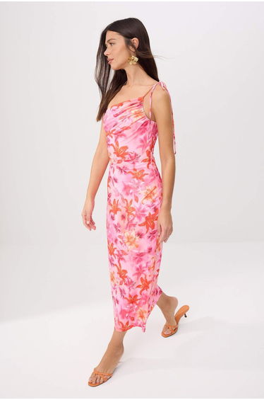 Multi-Colored Floral A-Line Asymmetrical Neckline Ruched Maxi Stretchy Lined Knitted Dress