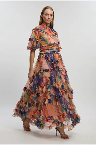 فستان ماكسي تول بكشكش بطبعة ماربل