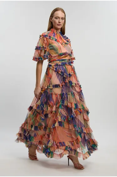 Marble Print Tulle Ruffle Detail Woven Maxi Dress