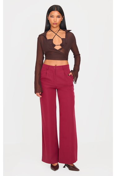 Burgundy Peach Skin Straight Leg Trousers