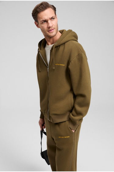 GRIMELANGE GALLO Cotton Lined with Fleece Hooded and Elastic Waist Double Pocket Regular Fit Khaki Top and Bottom Set