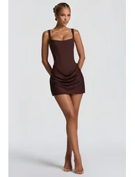 Paulette Brown Ruched Bodycon Mini Dress
