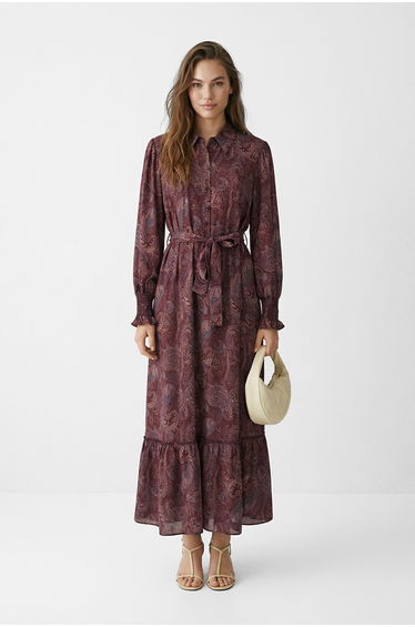 Mürdüm Unlined Shawl Pattern Woven Dress&Jumpsuit Lilyum Hijab Dress