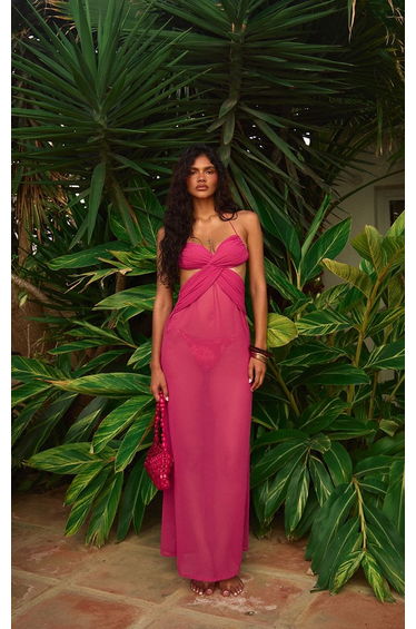 Deep Fuchsia Chiffon Strappy Cut Out Maxi Dress