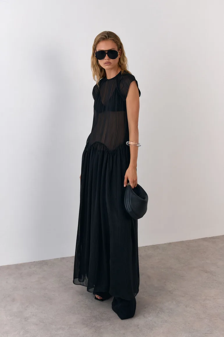 Self Stripe Chiffon Sheer Layered Maxi Dress - 3