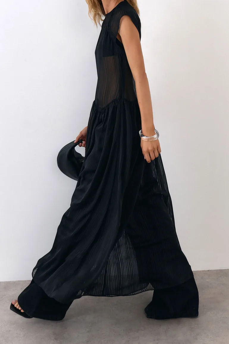 Self Stripe Chiffon Sheer Layered Maxi Dress - 2