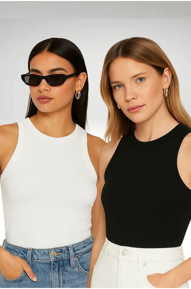 Women's Black White Crew Neck Zero Sleeve Body Undershirt Set of 2