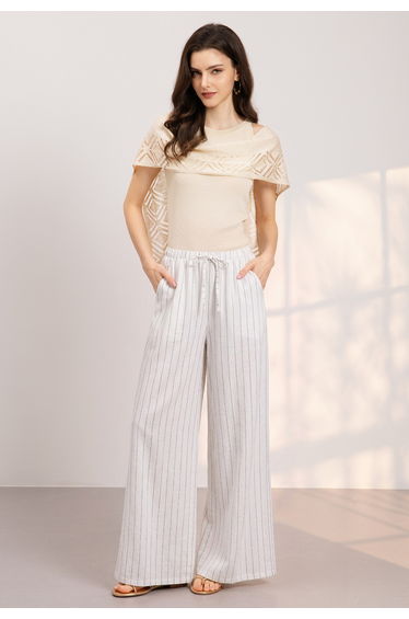 Pinstriped Drawstring Waist Palazzo Pants in White for Office Wear & Shopping Trips