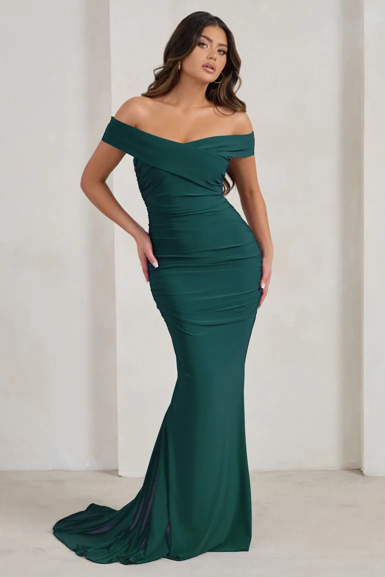 Apolline | Bottle Green Off The Shoulder Ruched Fishtail Maxi Dress Club L London : Bridesmaid Dresses : VogaCloset Bahrain Apolline | Bottle Green Off The Shoulder Ruched Fishtail Maxi Dress Club L London : Bridesmaid Dresses : VogaCloset Bahrain