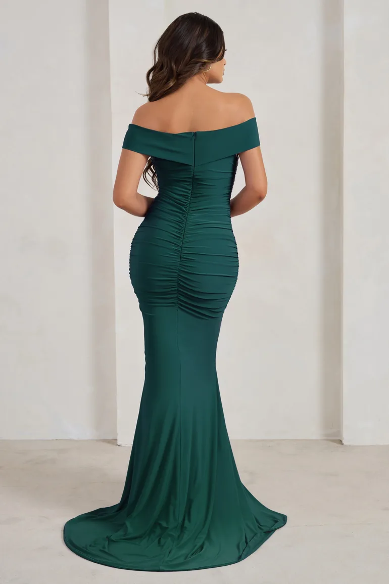 green fishtail maxi dress Solid Color Velvet Long Sleeve V-neck Slim Fit Fishtail Maxi Dress, Blackish Green / S main image 0
