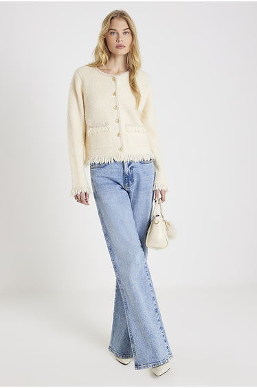 Cream Boucle Long Sleeve Fringed Cardigan