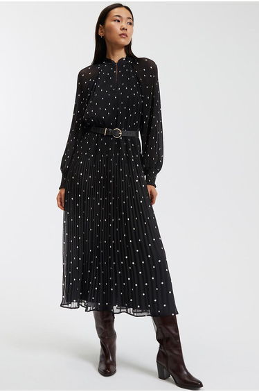 Polka Dot Midaxi Dress with Ruffled Neck