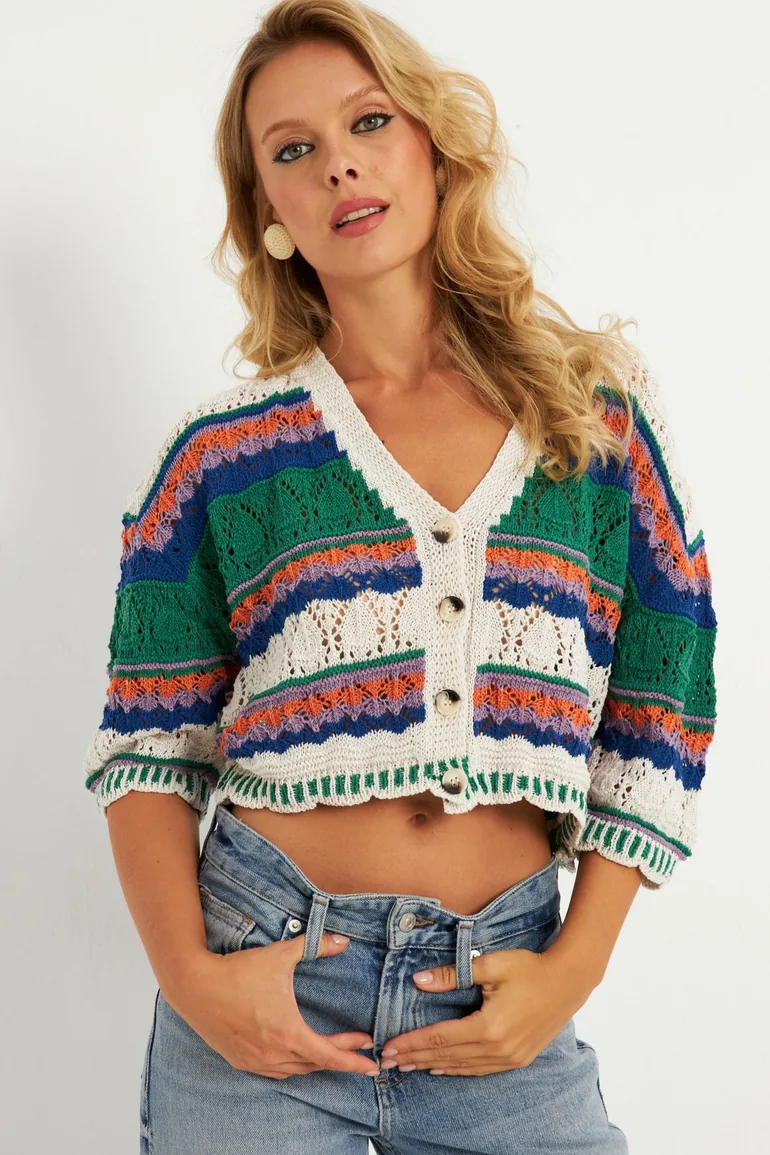 Women's Ecru Multi-Colored Cardigan - 6