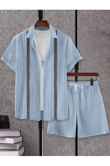 Men Light Blue Jacquard Detail Short Sleeve Button Front Shirt and Shorts Co-Ords