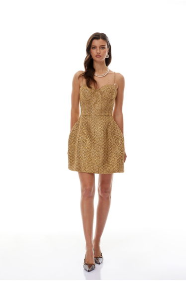 Arna Gold Sweetheart Neckline Tweed Mini Dress