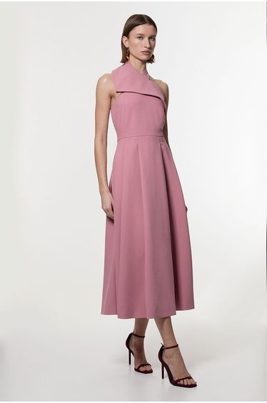 Compact Stretch Halter Neck Belted Full Skirted Midaxi Dress