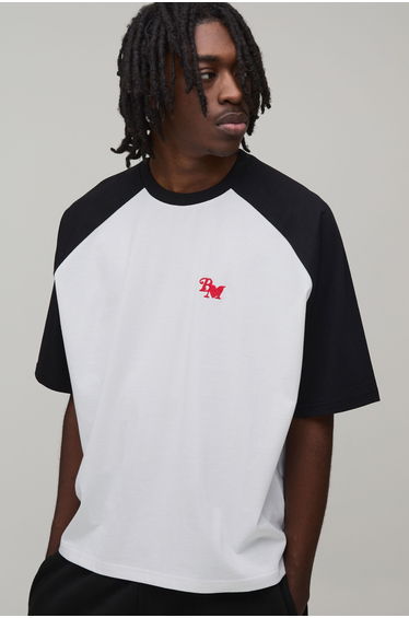 Oversized Boxy Raglan Heavyweight BM Embroidered T-Shirt - white