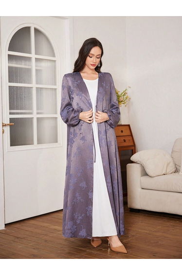 Floral Print Purple Abaya with Front Tie Detail