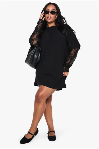 Plus lace sleeve oversized t-shirt dress - black