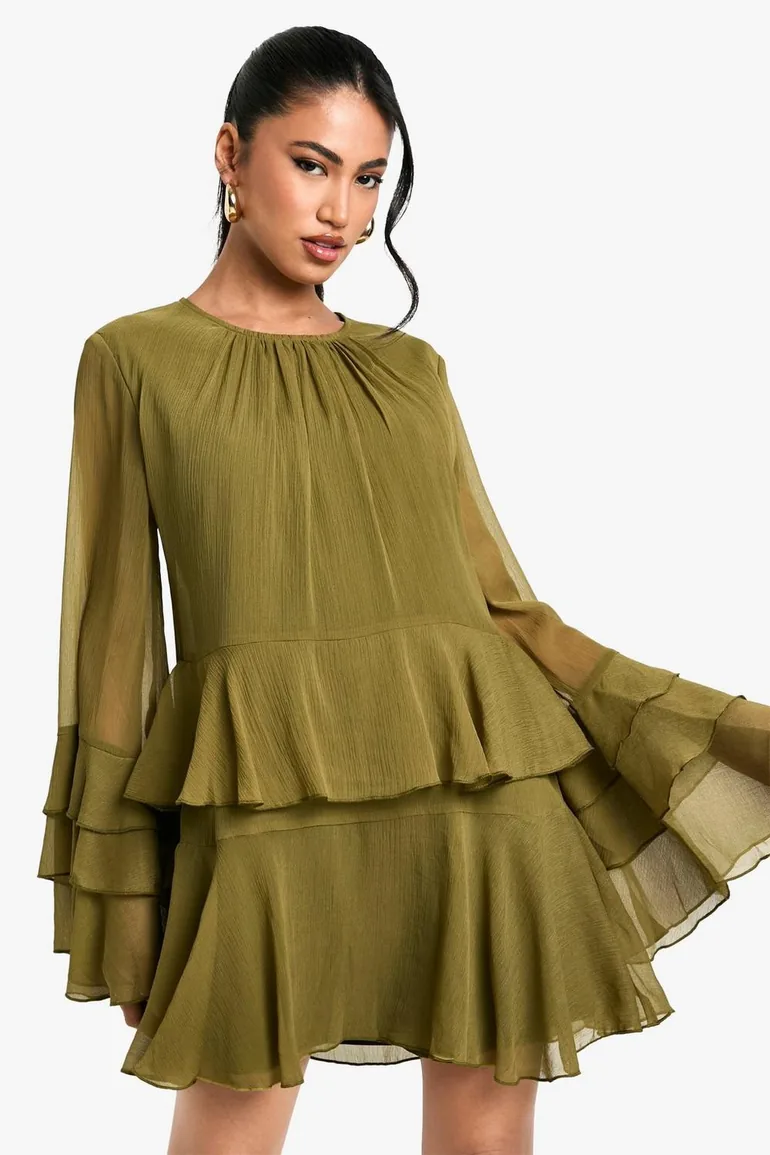 Shop Crinkle Chiffon Ruffle Flare Sleeve Mini Dress - olive Online in Oman