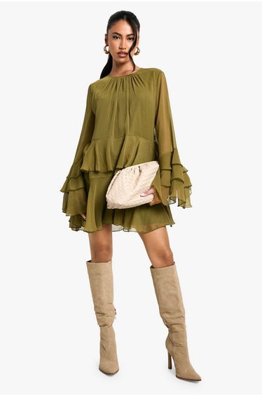 Crinkle Chiffon Ruffle Flare Sleeve Mini Dress - olive