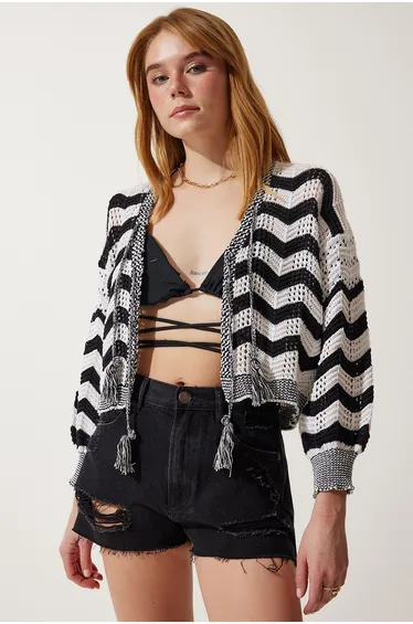 Women's Cream Black Striped Openwork Seasonal Knitwear Cardigan