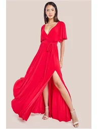 Goddiva Wrap Front Maxi With Flutter Sleeves - Red