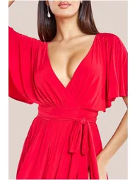 Goddiva Wrap Front Maxi With Flutter Sleeves - Red - 2