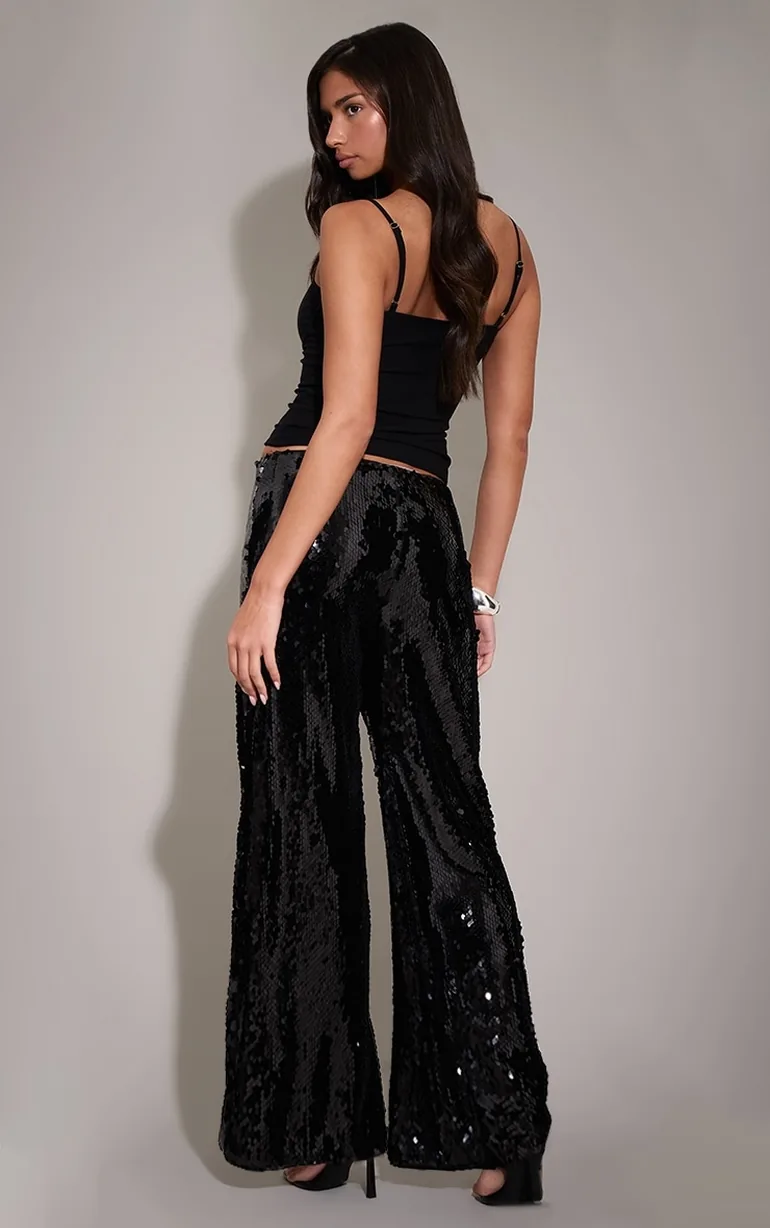 Black Sequin Wide Leg Floaty Trousers - 2