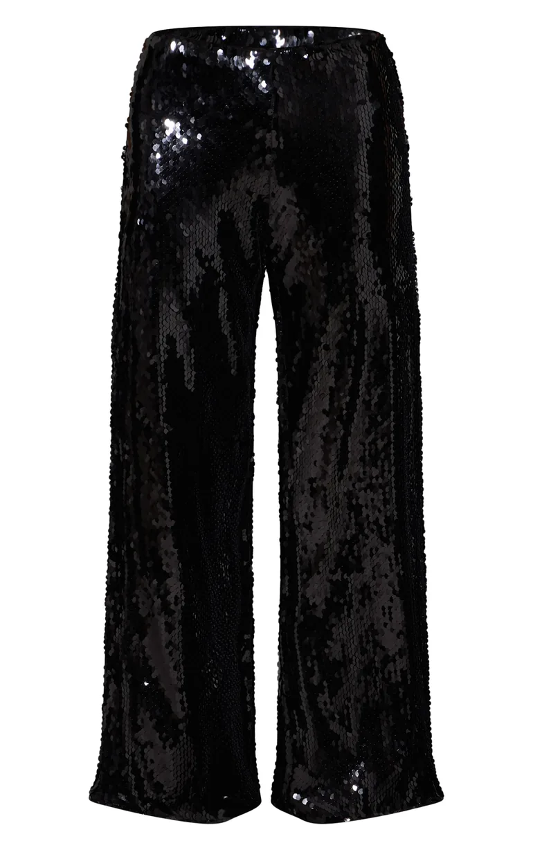 Black Sequin Wide Leg Floaty Trousers - 4