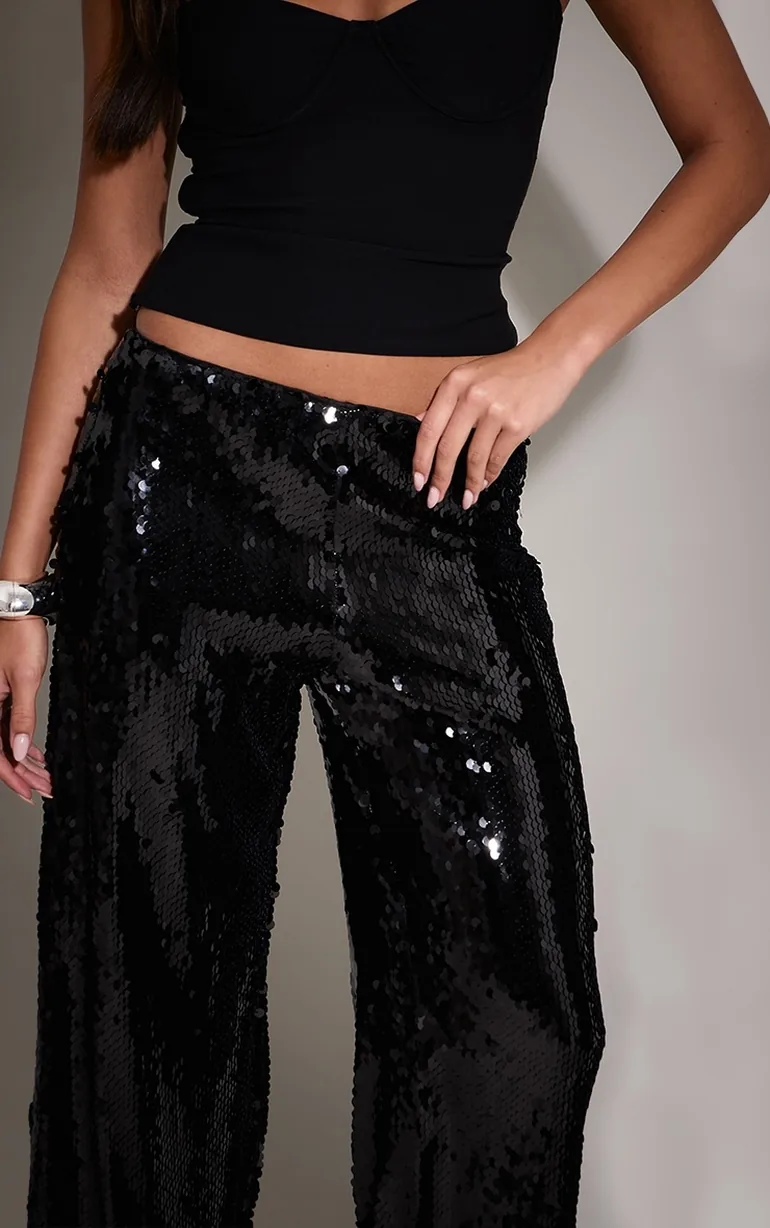 Black Sequin Wide Leg Floaty Trousers - 3