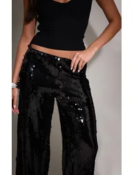 Black Sequin Wide Leg Floaty Trousers - 3