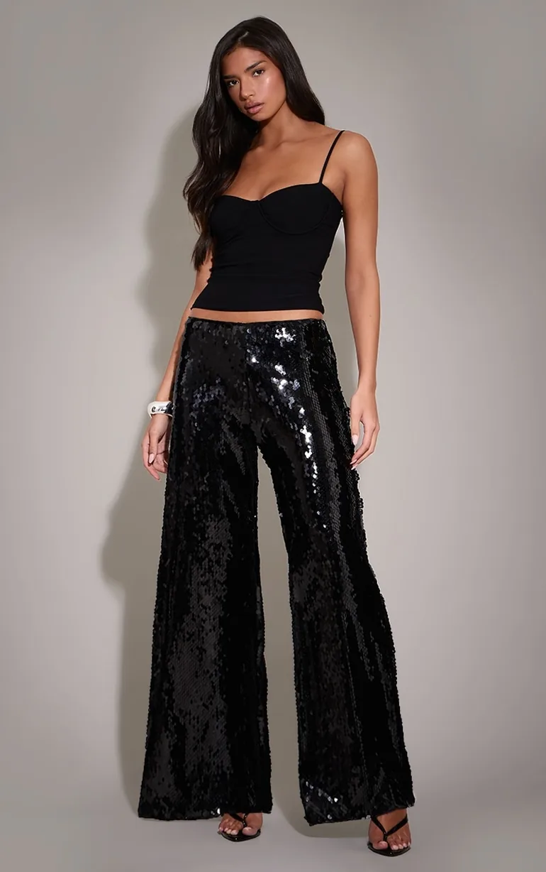 Black Sequin Wide Leg Floaty Trousers