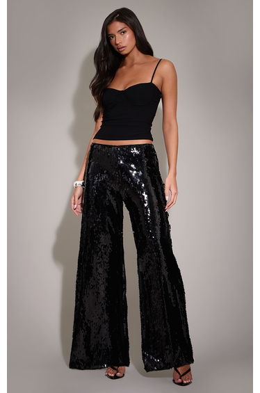 Black Sequin Wide Leg Floaty Trousers